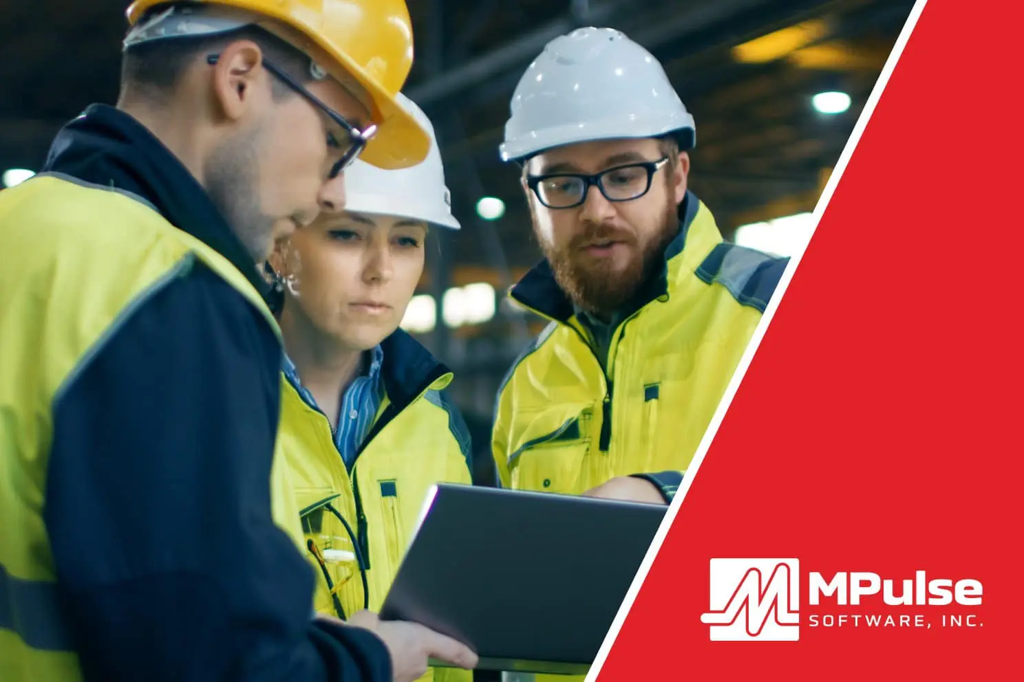 Three professionals in safety gear examining data on a laptop in an industrial setting, with the MPulse Software, Inc. logo prominently displayed.