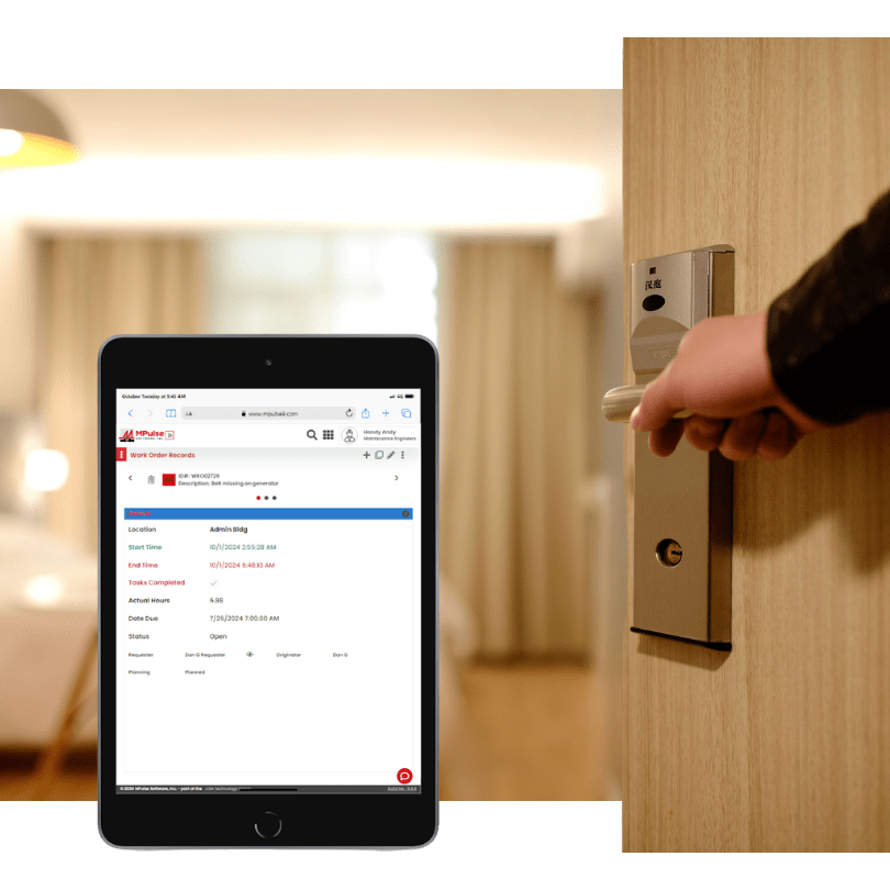 Tablet showing MPulse hotel maintenance management software next to hotel room door lock