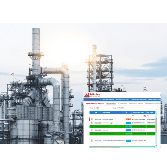 MPulse maintenance software dashboard with oil and gas refinery in background