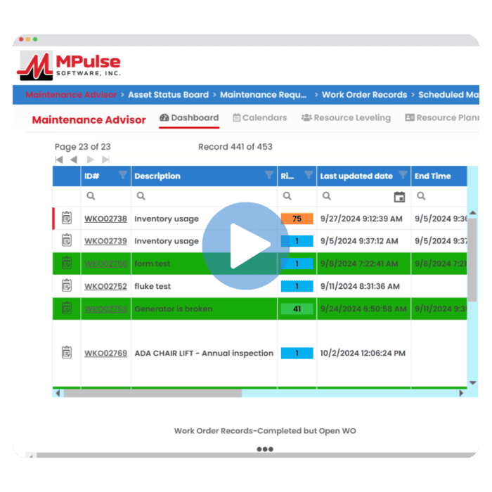 MPulse Maintenance Advisor dashboard displaying preventive maintenance work orders