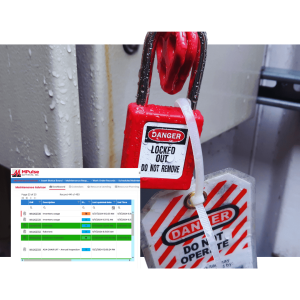 Lockout Tagout safety locks and tags shown with MPulse CMMS software for maintenance compliance tracking