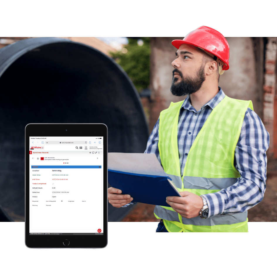 Field technician using tablet to access CMMS data with MPulse DataLink Integration Adapter