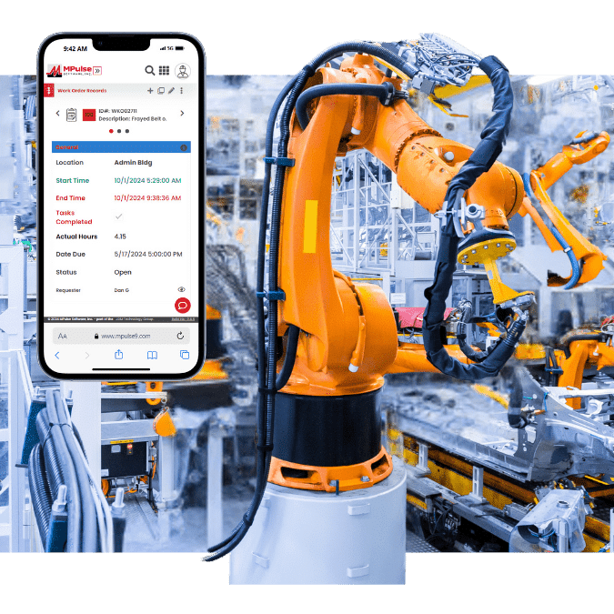 Industrial robot and mobile dashboard representing EAM software in manufacturing environments