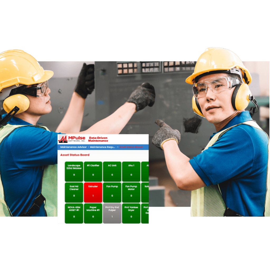 Technicians reviewing CMMS asset data on MPulse Software dashboard
