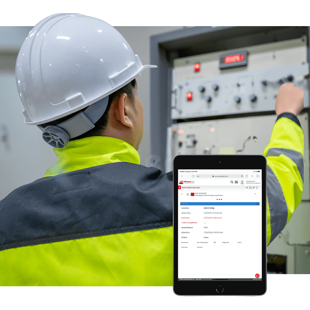 Electrician using MPulse CMMS to perform preventive maintenance on electrical equipment