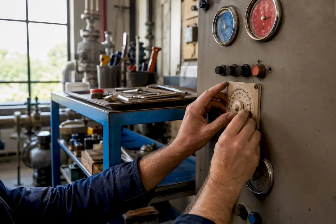 Hands adjusting timer dial on control panel