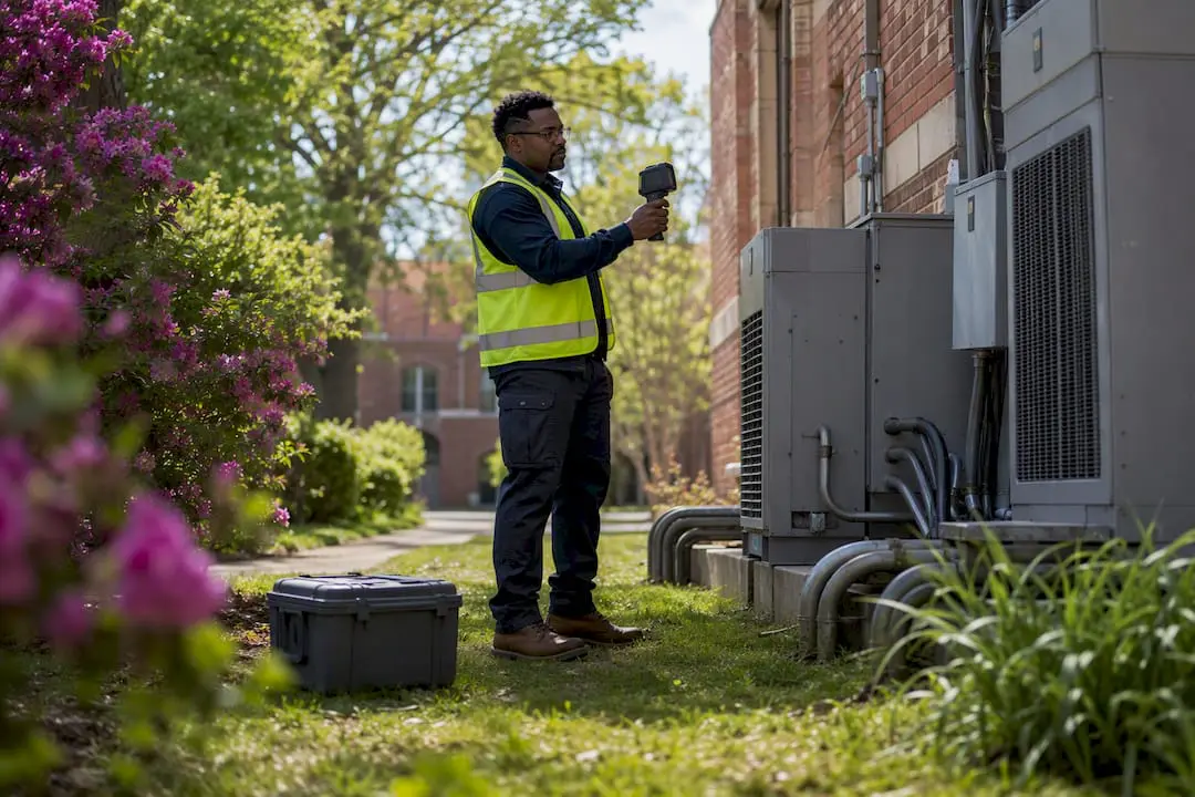 Technician scanning campus infrastructure with thermal camera