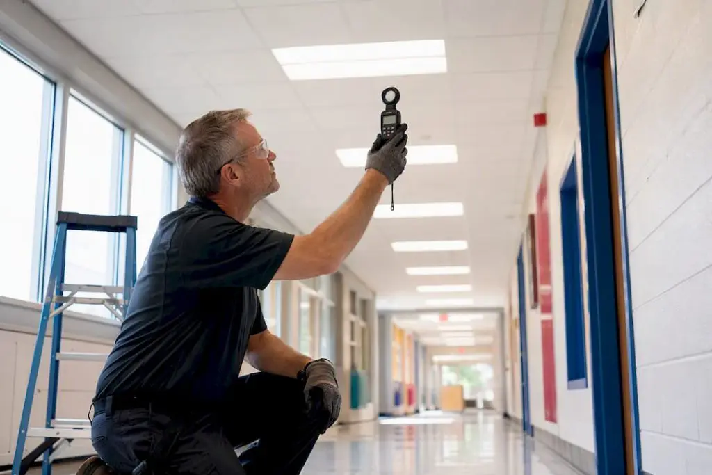 Facility manager measuring school LED lighting