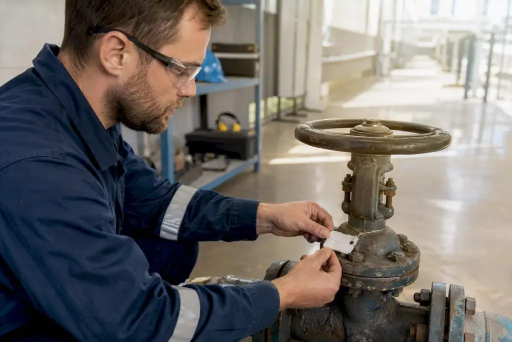Hands tagging industrial asset valve