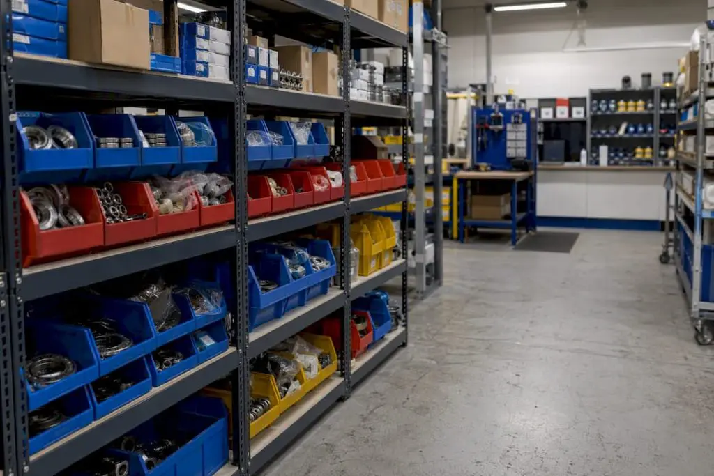 Maintenance storeroom with ergonomic shelving and clear aisles