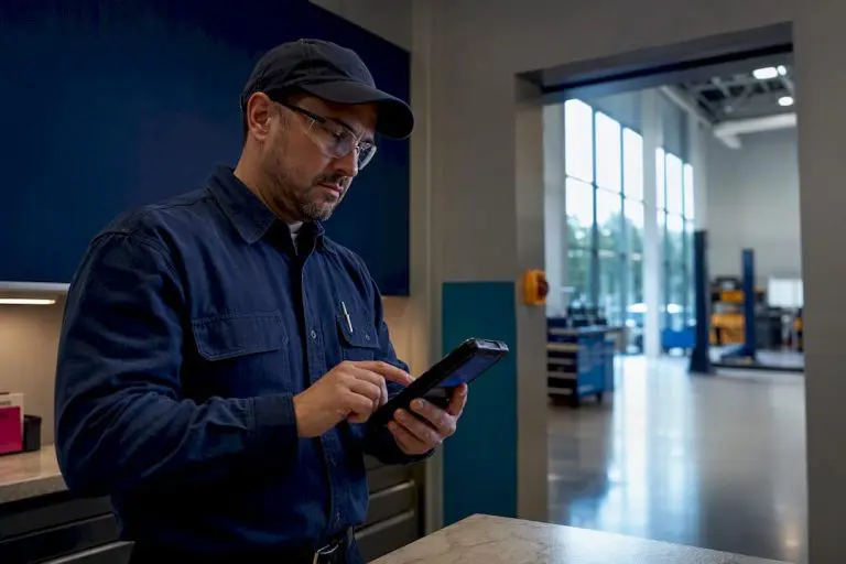 Technician recording maintenance work order time