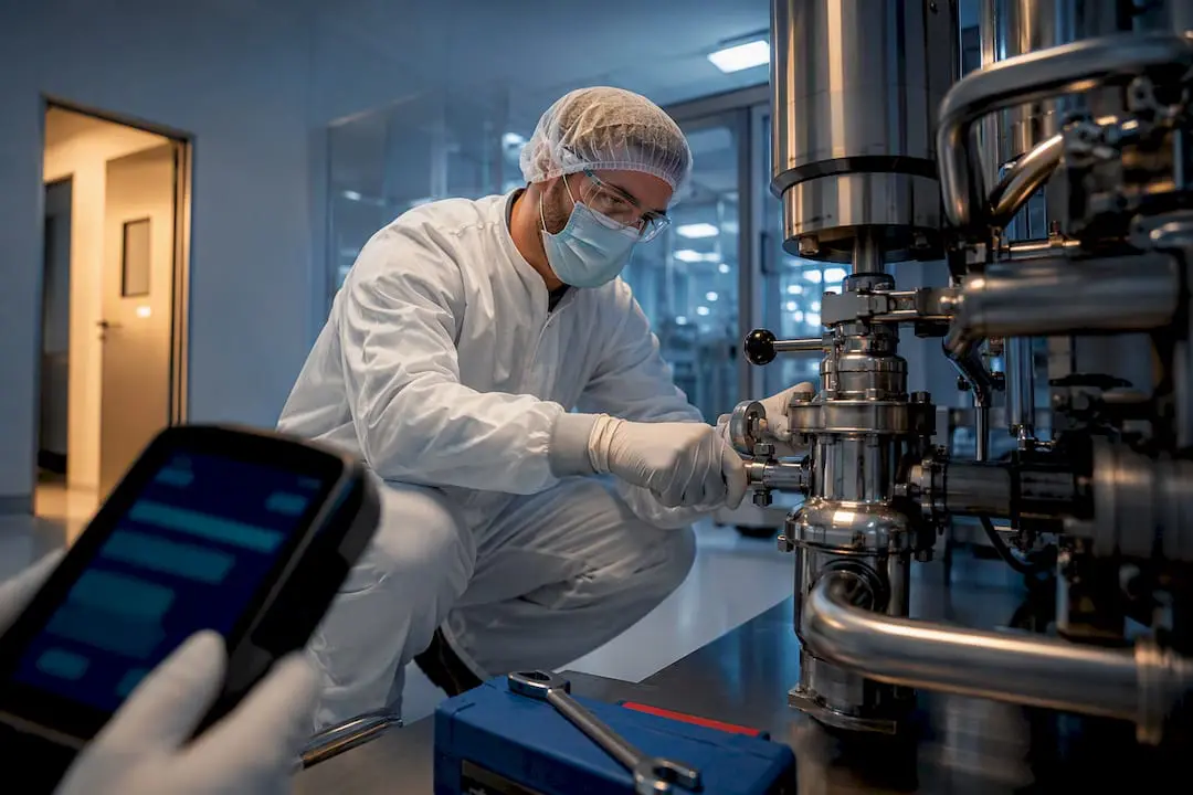 Technician verifying pharmaceutical equipment maintenance