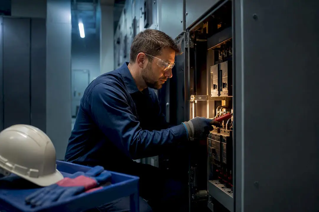Technician inspecting industrial electrical switchgear