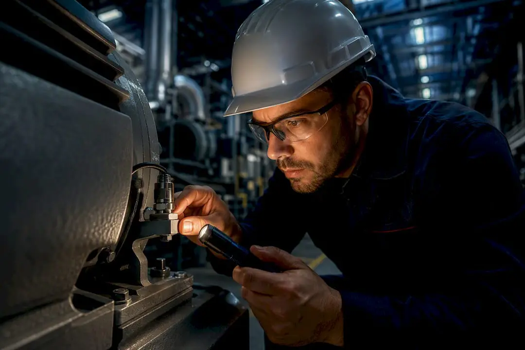 Technician inspecting plant-floor vibration sensor