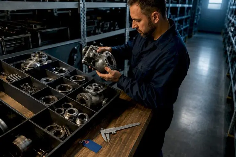 Technician verifying organized maintenance spare parts