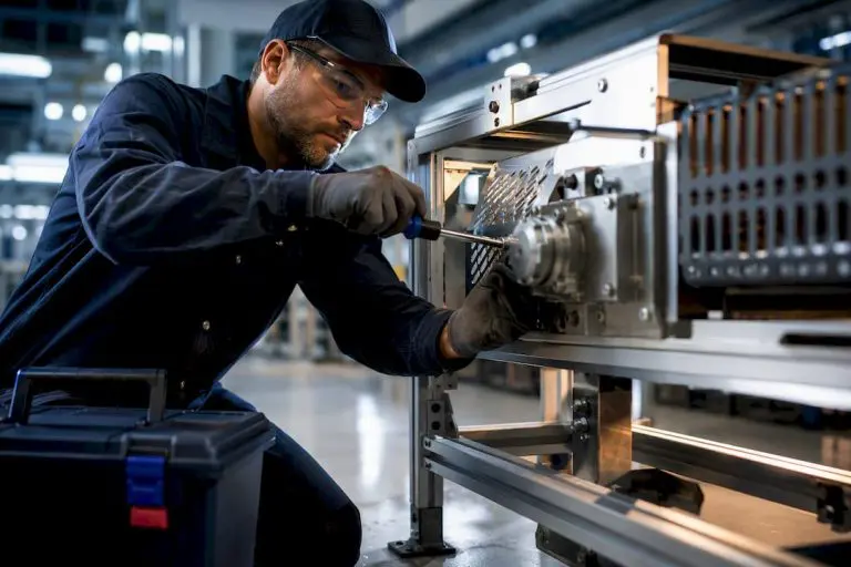 Technician performing conveyor maintenance inspection