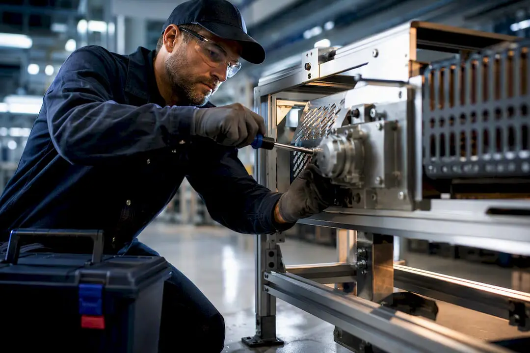 Technician performing conveyor maintenance inspection