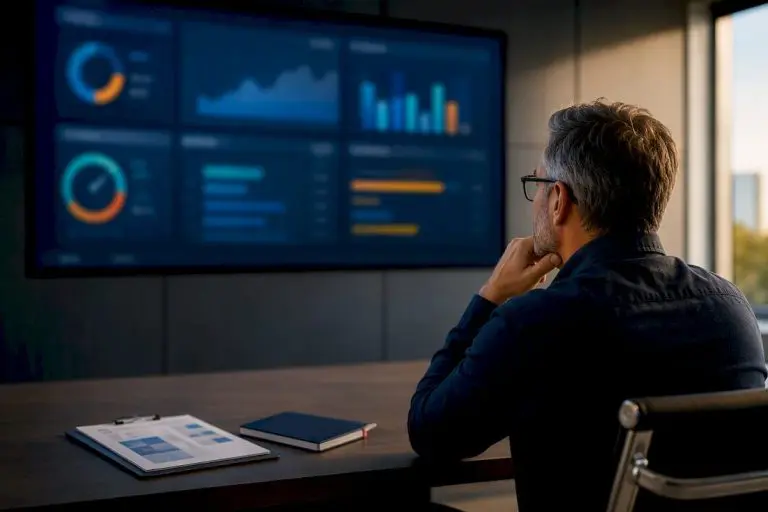 Maintenance manager reviewing KPI report dashboard