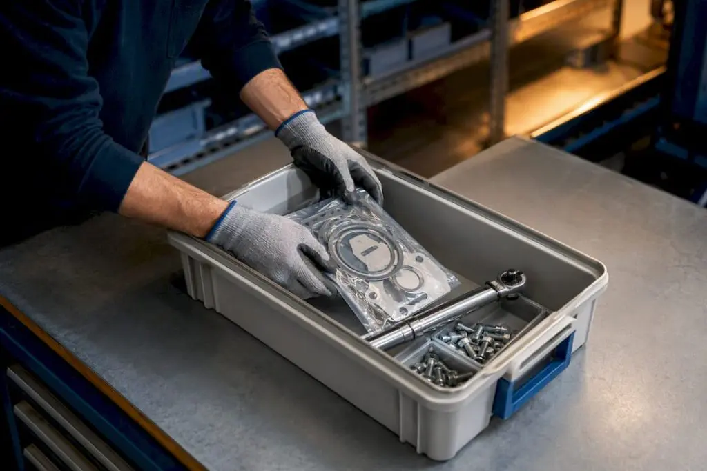 Technician assembling a maintenance parts kit
