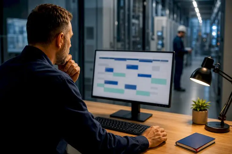 Planner reviewing maintenance calendar in facility