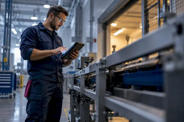 Technician updating mobile maintenance work order