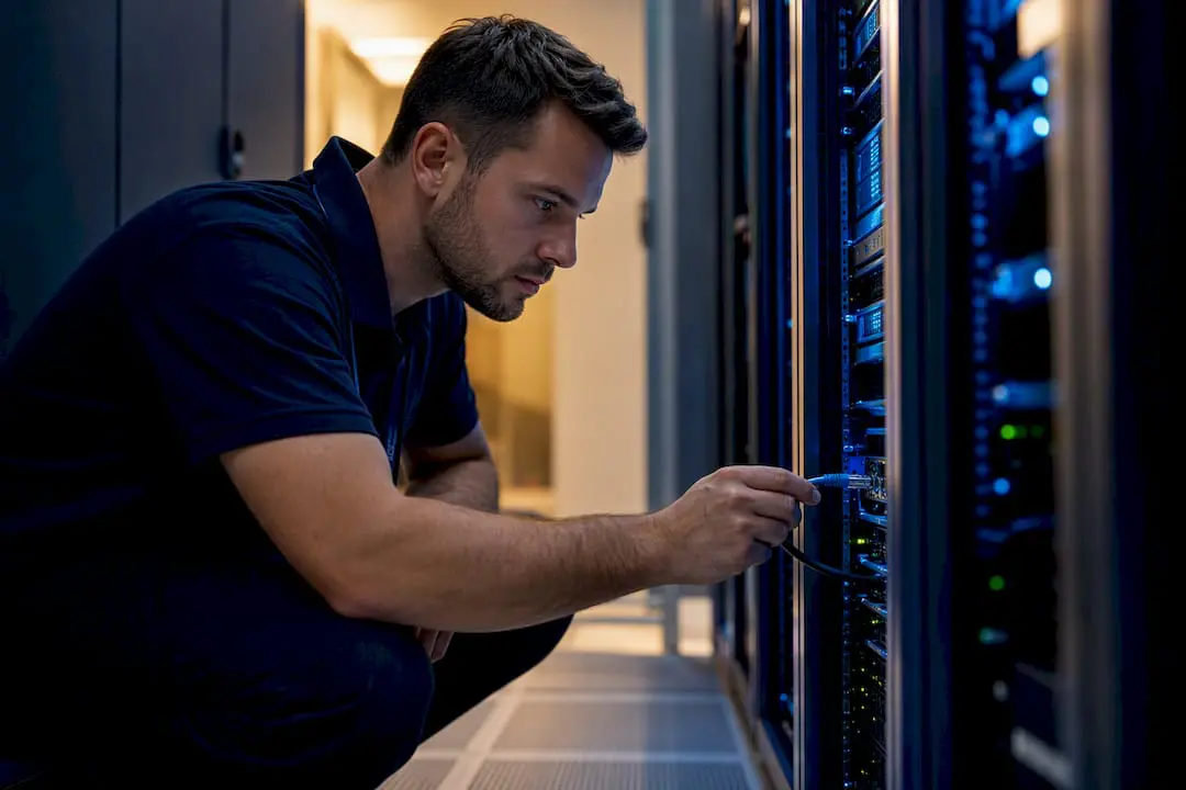 Technician checking maintenance data gateway connection