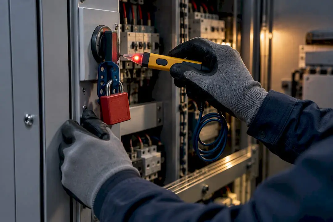 Technician verifying lockout tagout isolation