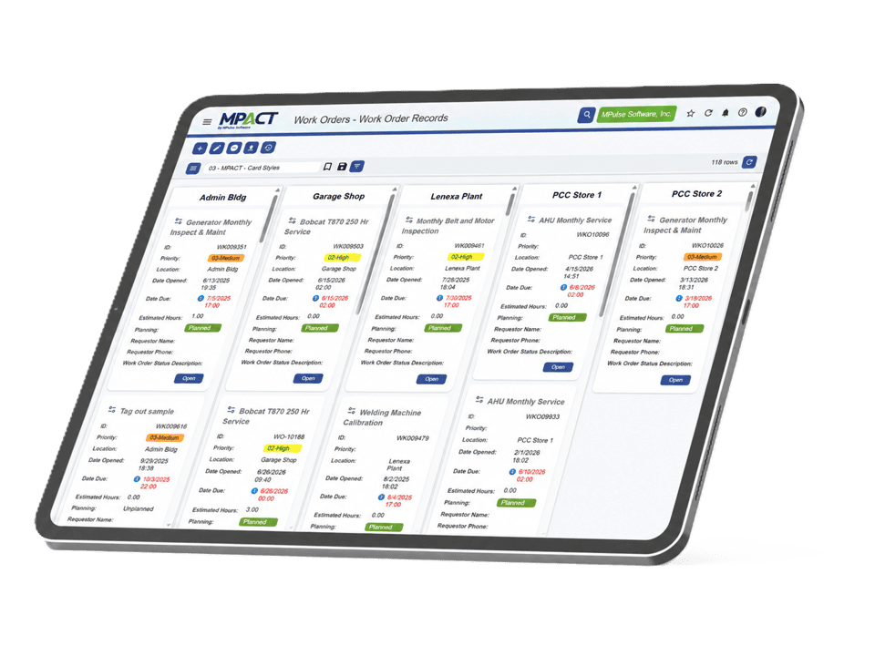 MPACT work order card view on a tablet, with work orders grouped by location and showing priority, due date, and status
