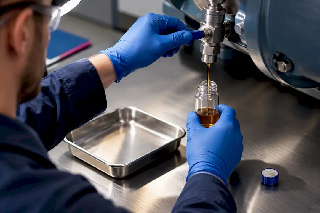 Technician collecting representative oil sample