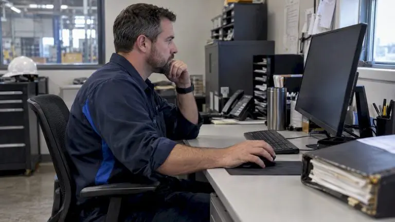 Maintenance manager reviewing failure analysis records