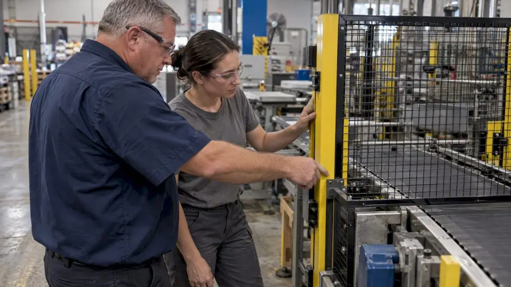 Maintenance staff inspect a machine guard change