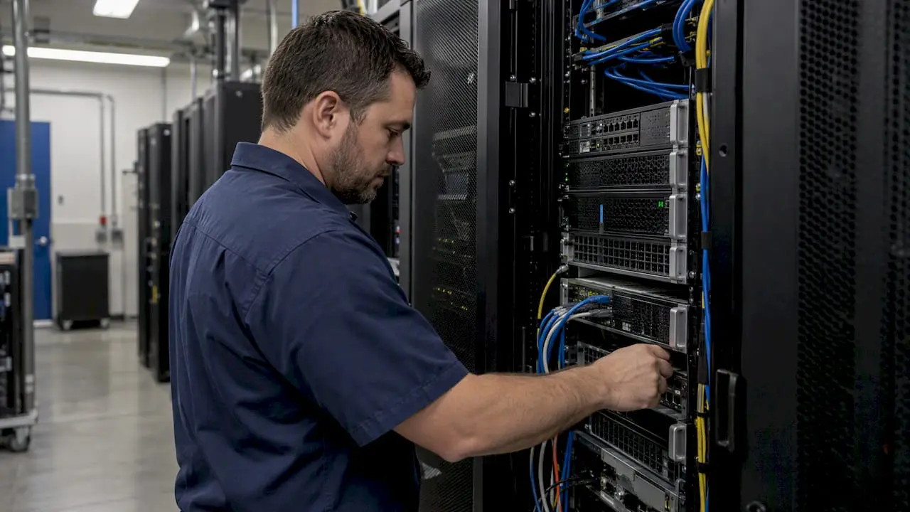 IT administrator checking an on-site server rack