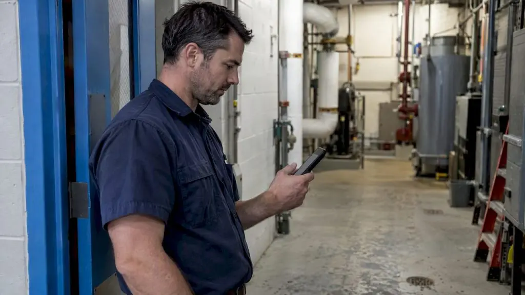 Maintenance technician checks an incoming text