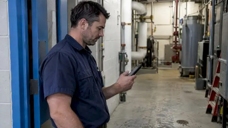Maintenance technician checks an incoming text