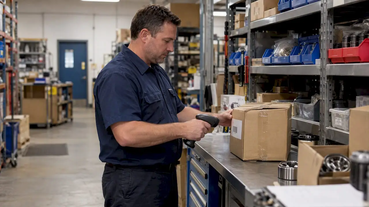 Clerk scanning a received bearing carton