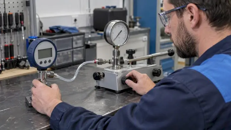 Technician comparing gauge with calibration reference