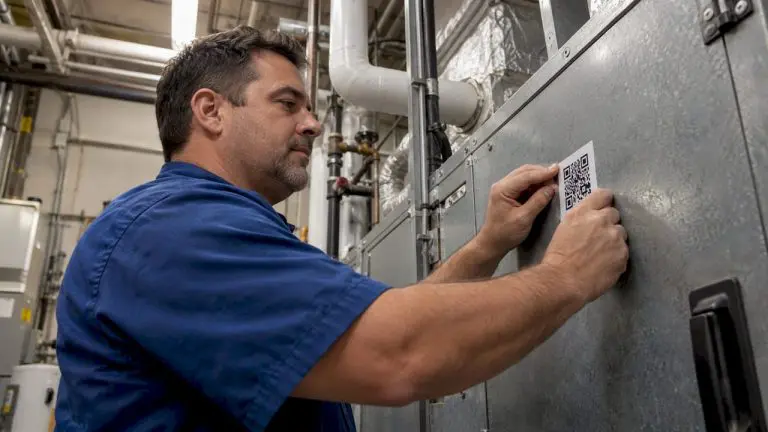 Technician labeling an air handler with QR code