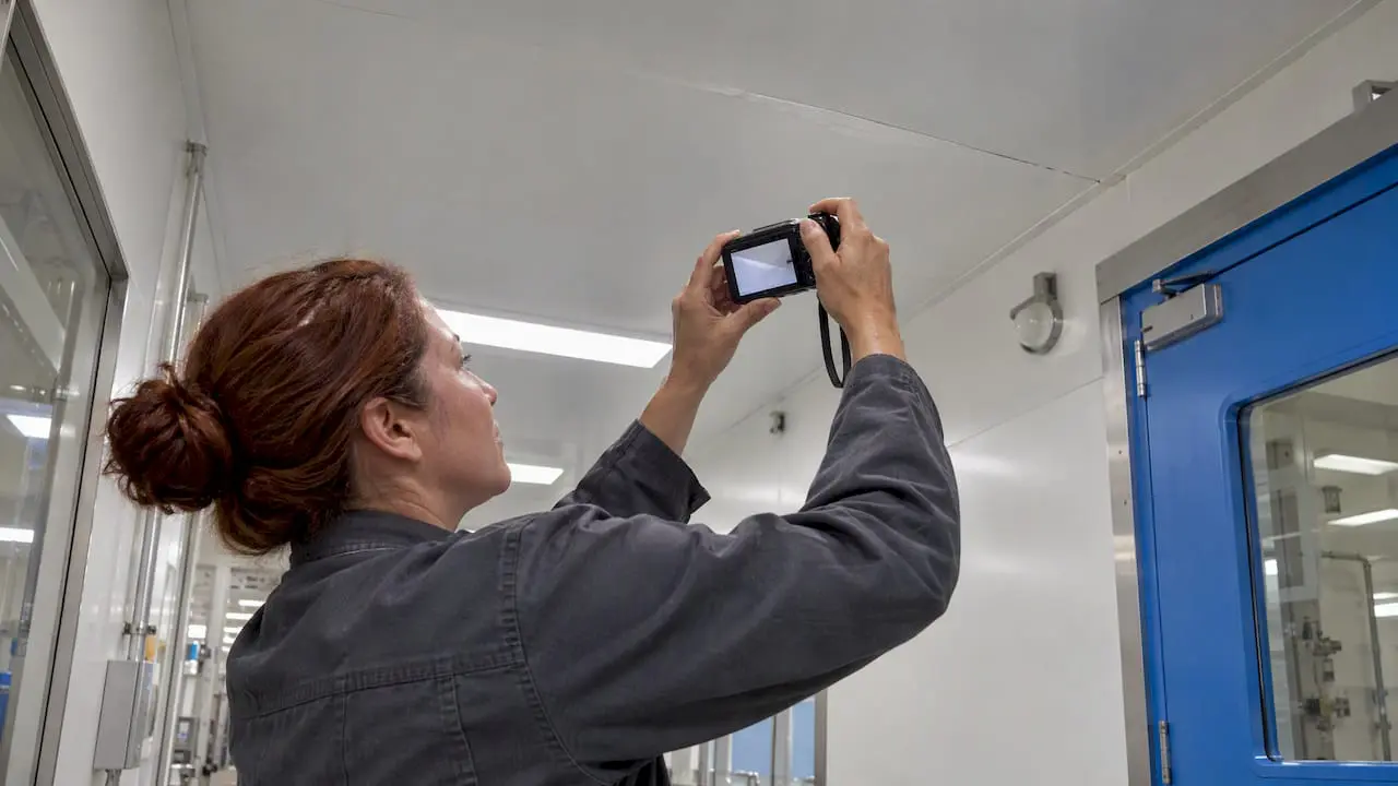 Technician photographing a repaired ceiling seam