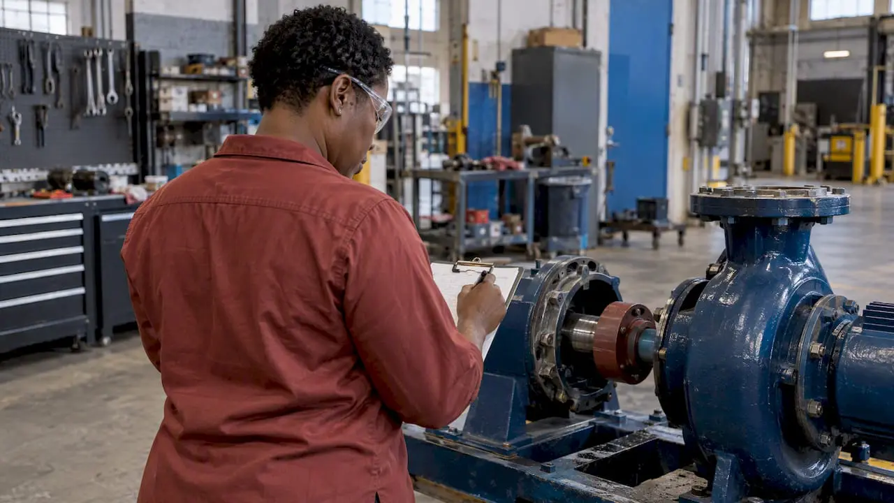 Technician recording a pump repair