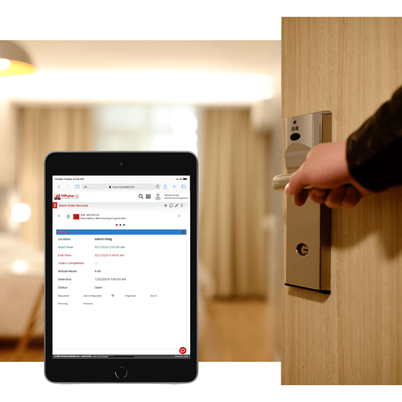Tablet showing MPulse hotel maintenance management software next to hotel room door lock