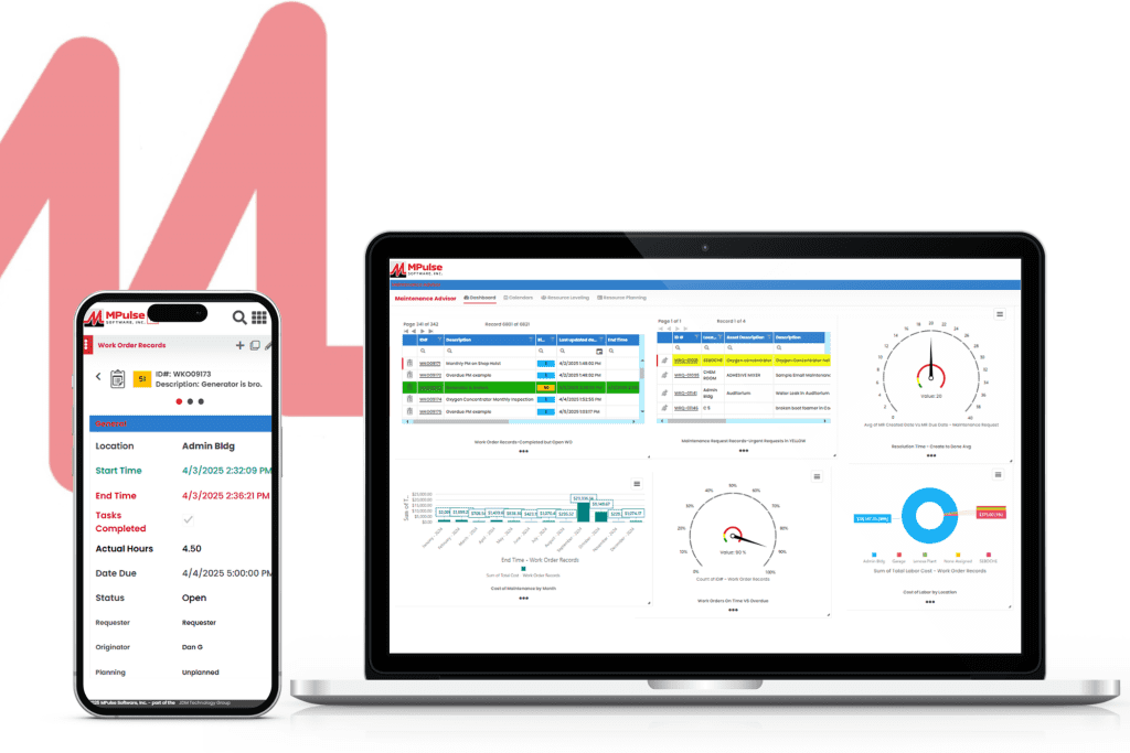 MPulse maintenance management software dashboard displayed on desktop and mobile devices