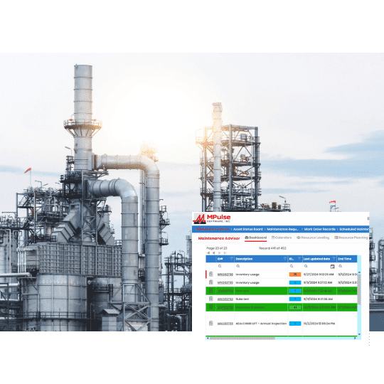 MPulse maintenance software dashboard with oil and gas refinery in background