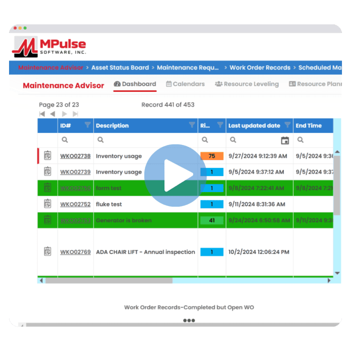MPulse Maintenance Advisor dashboard displaying preventive maintenance work orders