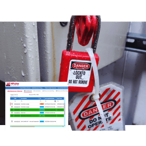 Lockout Tagout safety locks and tags shown with MPulse CMMS software for maintenance compliance tracking