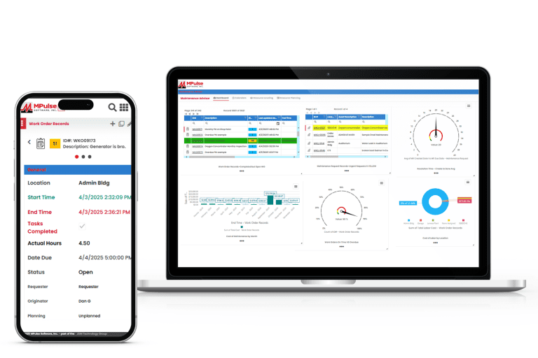 CMMS software dashboard on multiple devices showing MPulse DataLink Integration Adapter interface