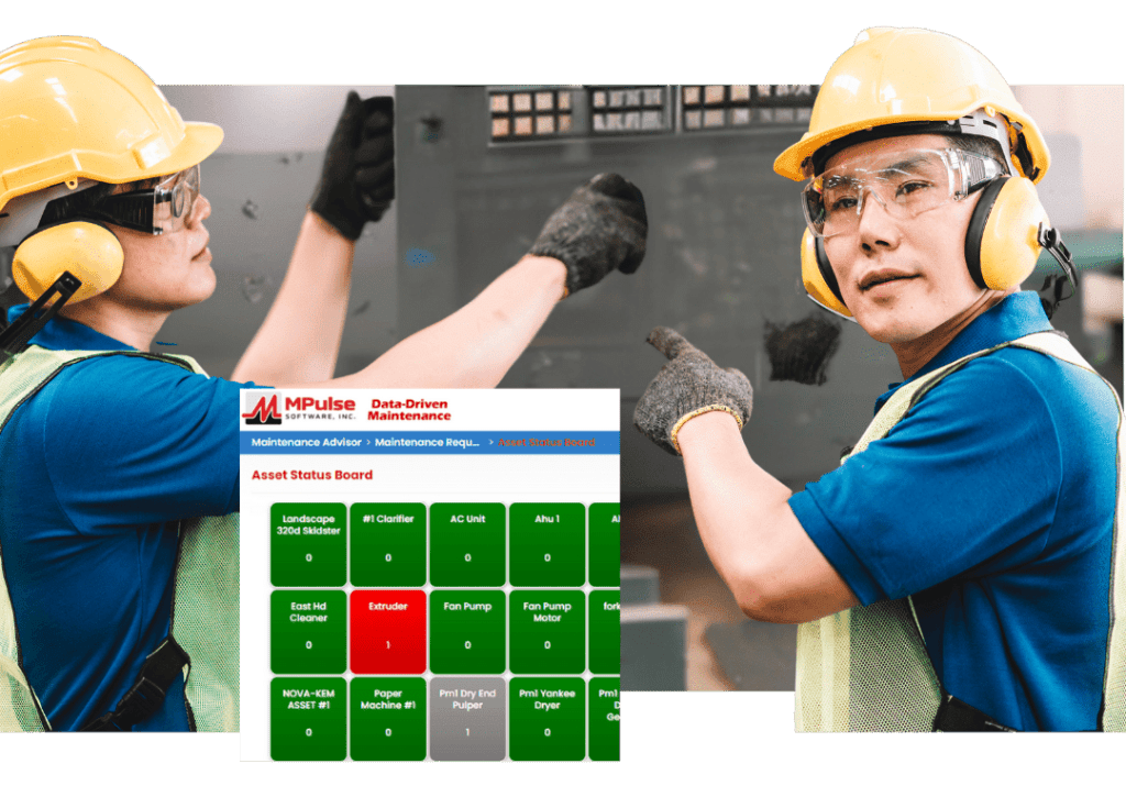 Maintenance technicians using MPulse DataLink Adapter to monitor asset status on CMMS dashboard