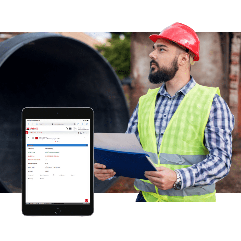 Field technician using tablet to access CMMS data with MPulse DataLink Integration Adapter