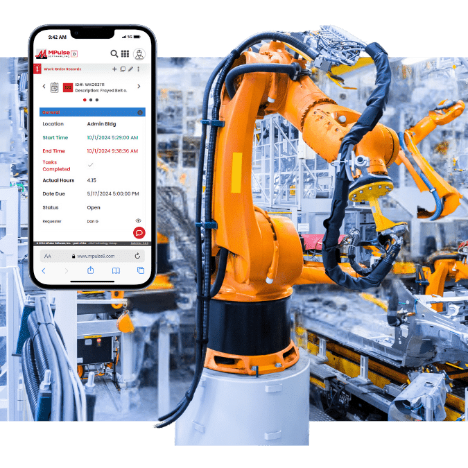 Industrial robot and mobile dashboard representing EAM software in manufacturing environments