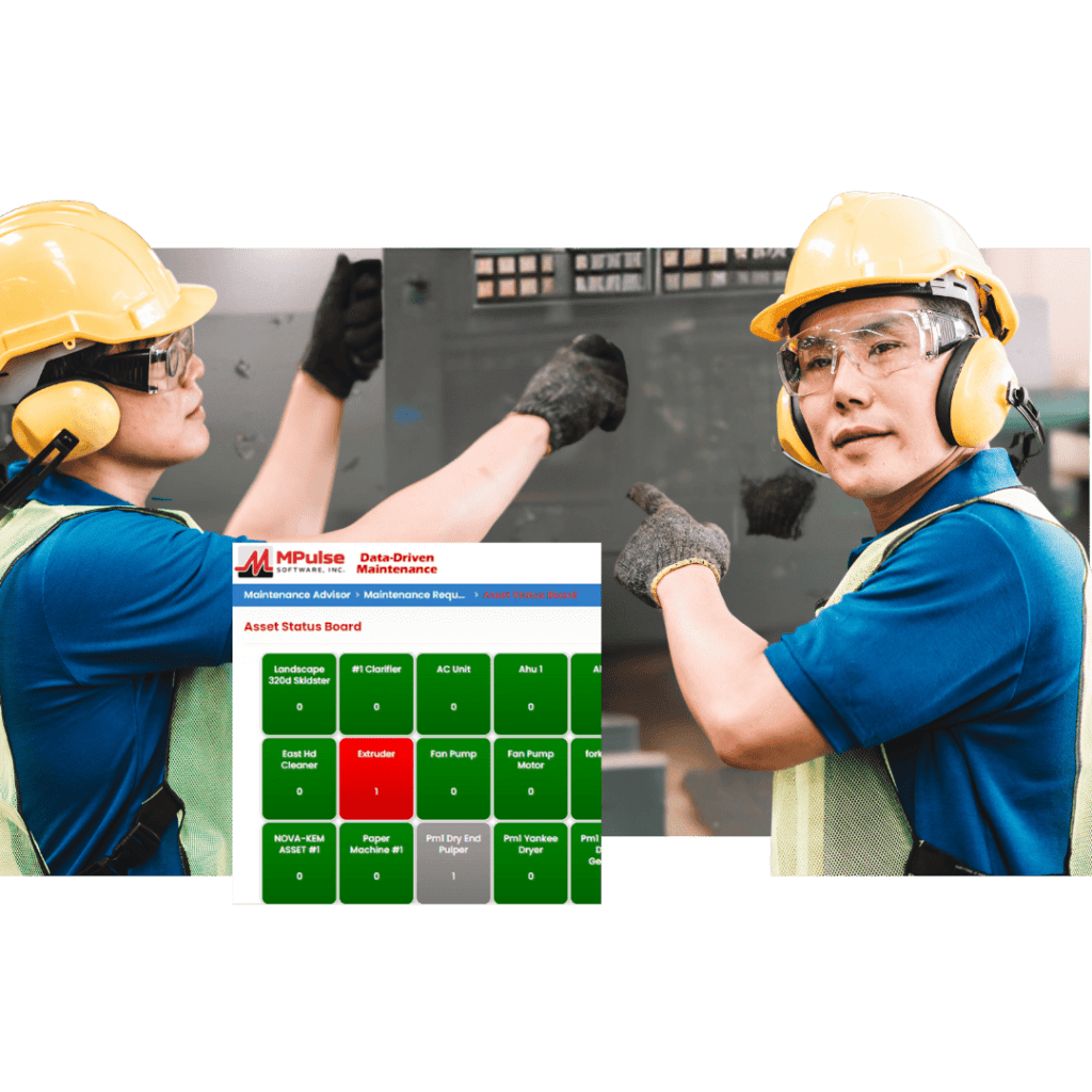 Technicians reviewing CMMS asset data on MPulse Software dashboard