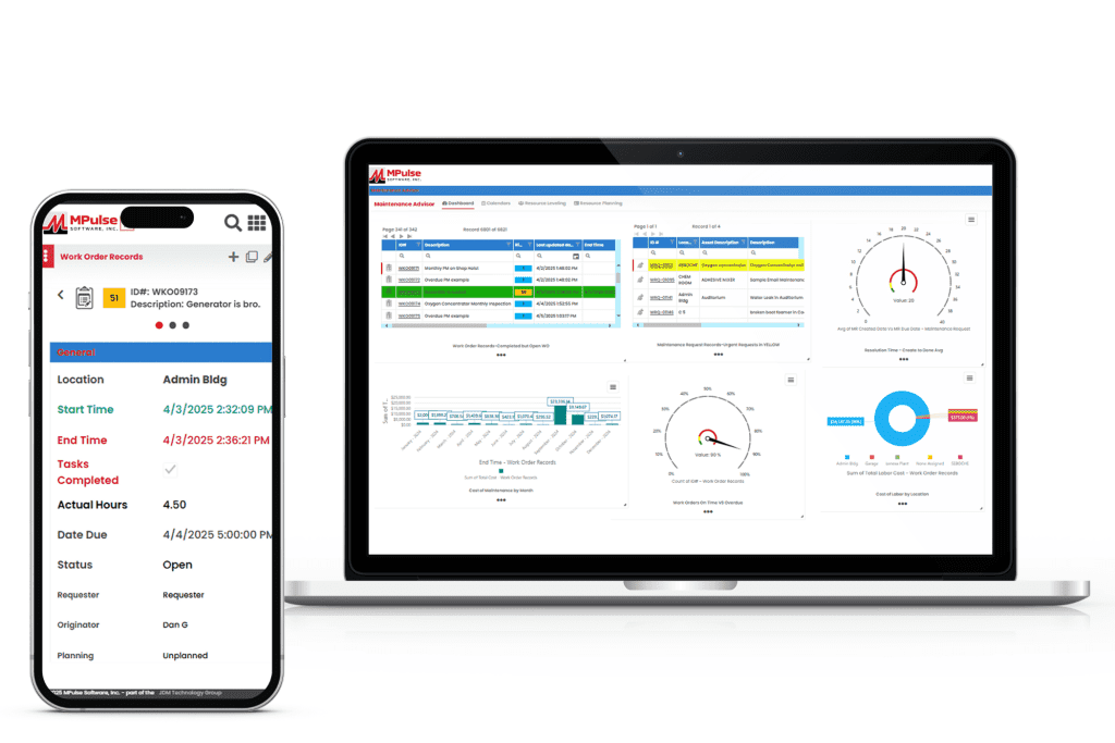 Mobile and desktop interface of MPulse CMMS software for facility maintenance tracking and reporting